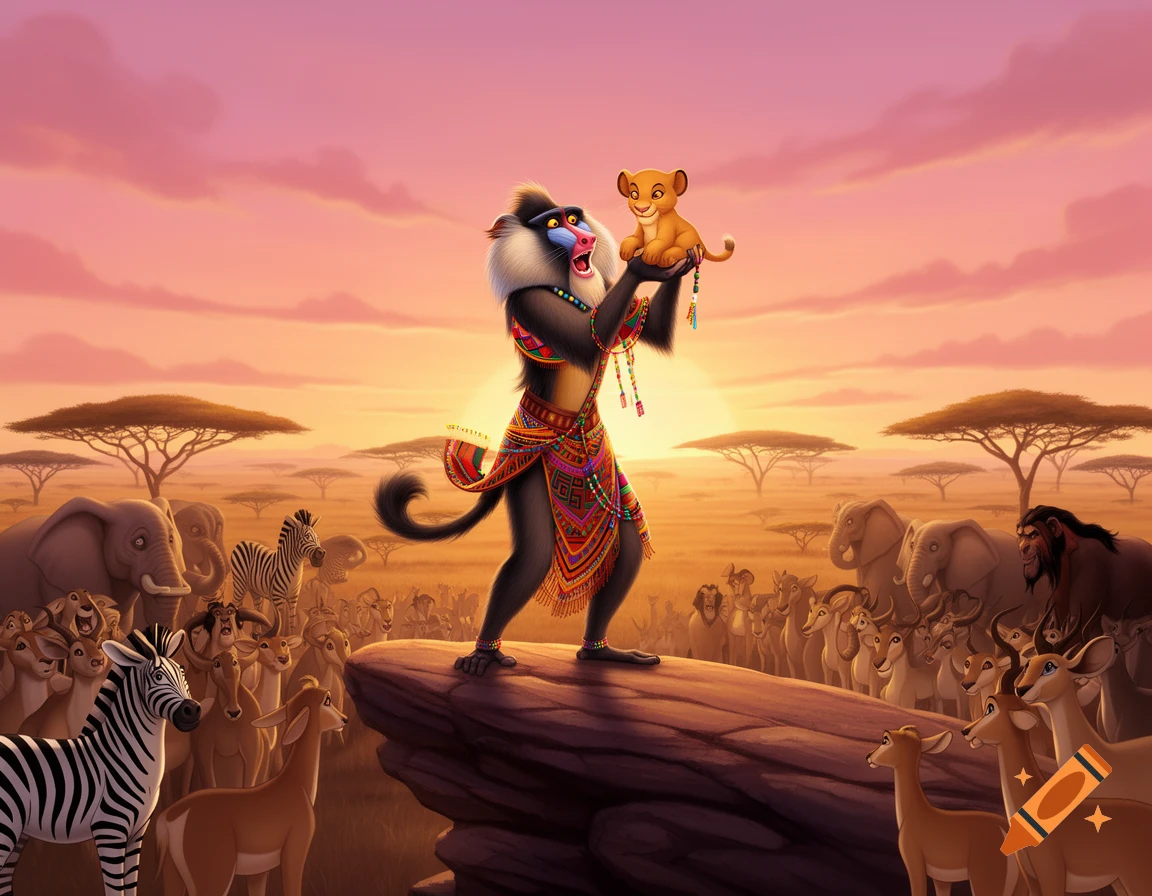 Rafiki the mandrill holds up baby Simba on Pride Rock, surrounded by other savanna animals at sunrise in a cartoon style.