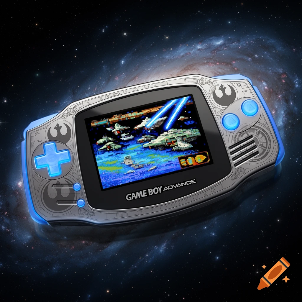 A Star Wars-themed Game Boy Advance handheld console playing a pixelated space combat game, set against a cosmic galaxy.