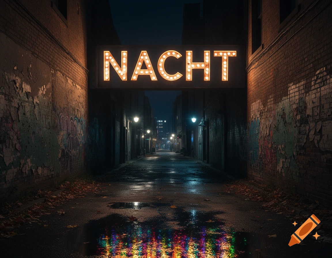 Dark urban alley at night with a glowing 'NACHT' sign, reflections in wet pavement. Grungy brick walls with peeling paint and graffiti.