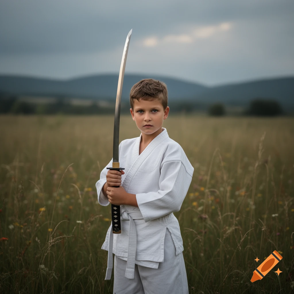 A young boy in a white martial arts uniform stands in a grassy field, holding a katana upright with both hands.