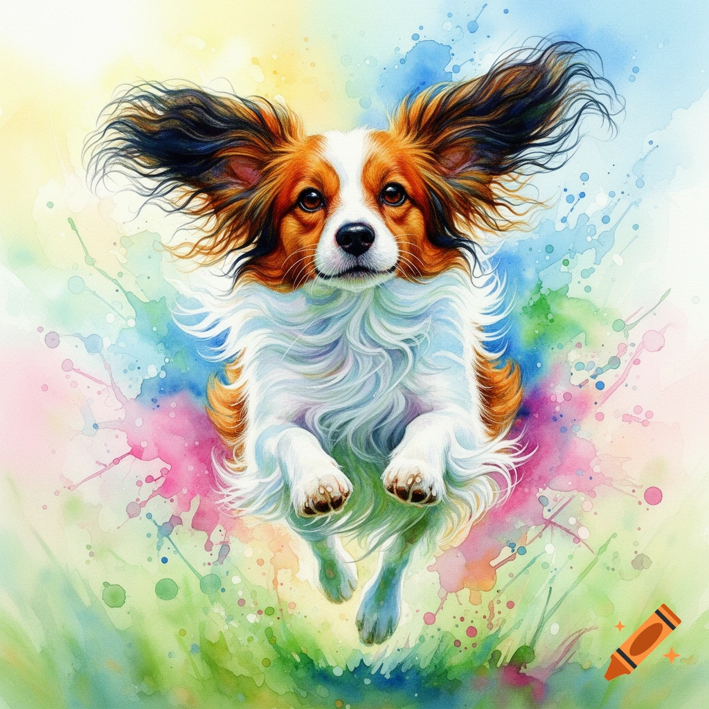 Watercolor painting of a fluffy brown and white dog with large ears jumping amidst colorful paint splashes.