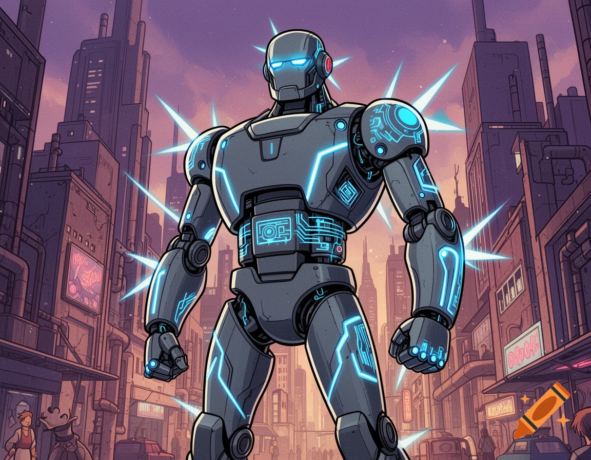 A powerful humanoid robot with glowing blue circuitry stands in a bustling futuristic city street at dusk, in a 90s action cartoon style.