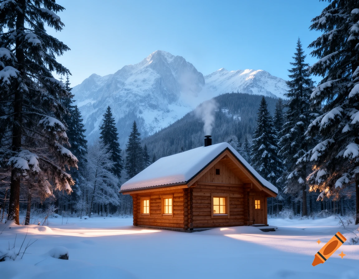 A cozy wooden cabin with glowing windows and smoke from its chimney, nestled in a snowy mountain forest under a clear blue sky, photorealistic.