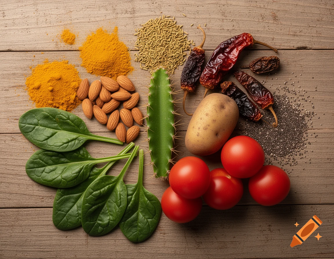 An overhead shot of various ingredients including spinach, turmeric, almonds, fenugreek, dried chilies, a cactus, a potato, tomatoes, and chia seeds on a wooden surface.