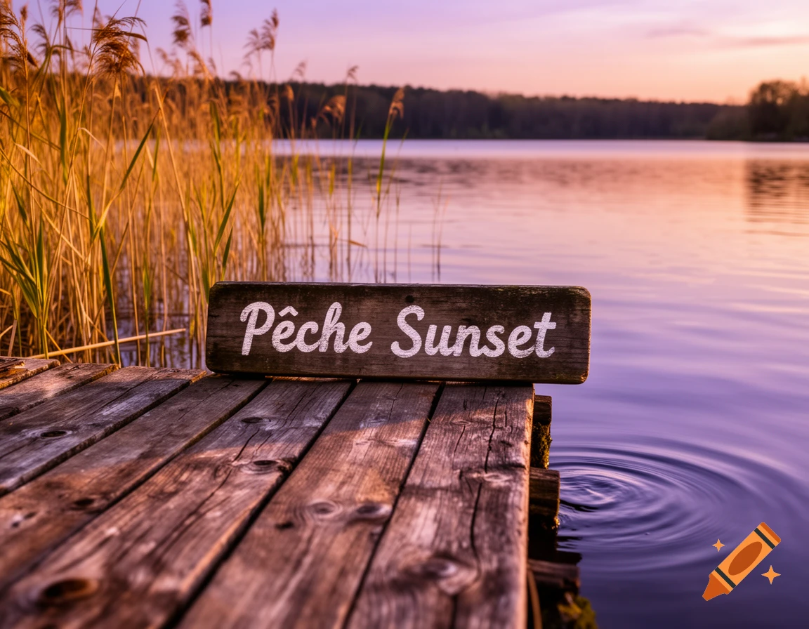 Photorealistic image of a wooden dock and reeds by a lake at sunset, with a sign reading 'Pêche Sunset'.