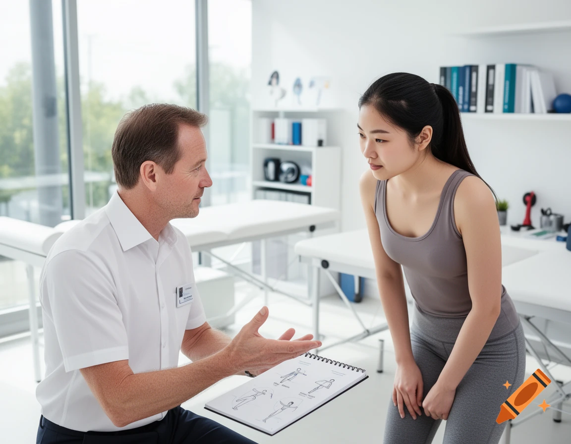A male physical therapist explains exercises to a female patient in athletic wear, showing a notebook with diagrams.