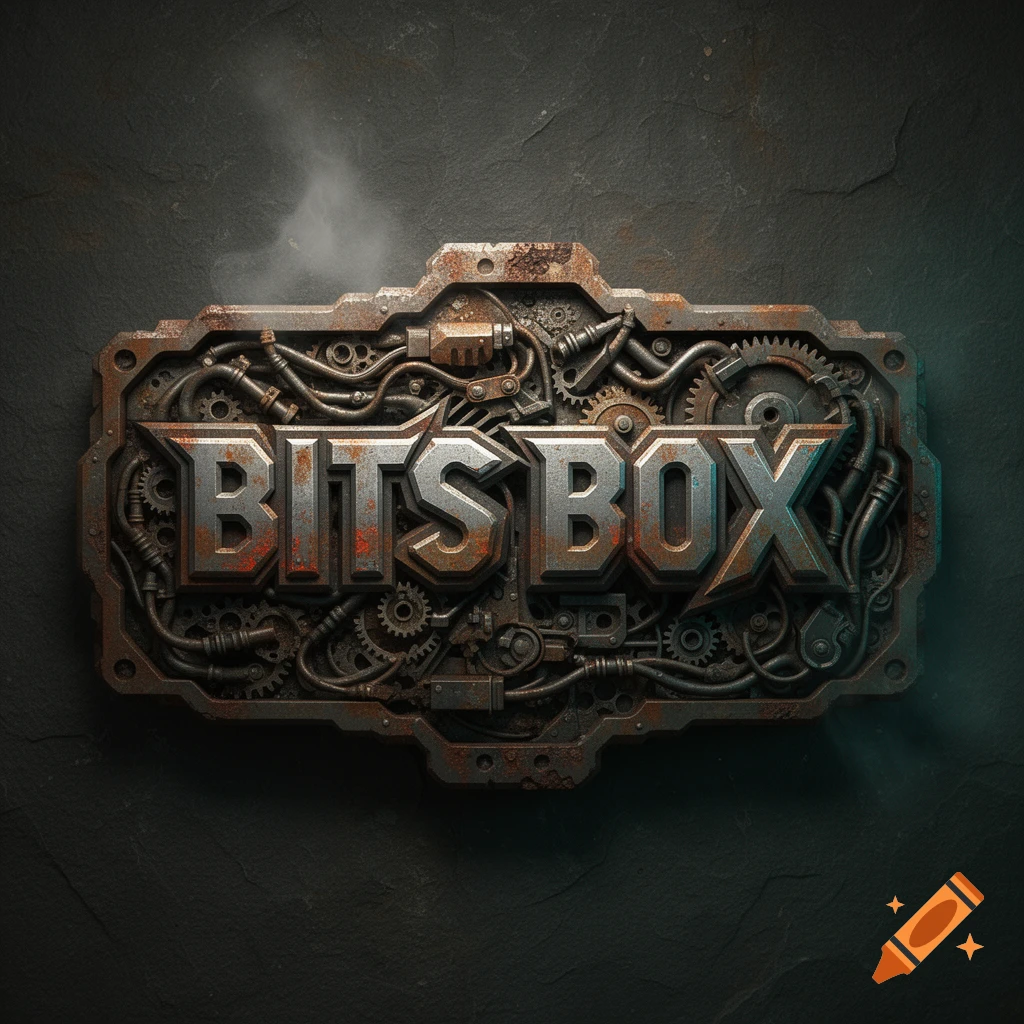 A distressed, rusty metallic label reading 'BITS BOX' with embedded gears, pipes, and wires on a dark textured background, in an industrial style.