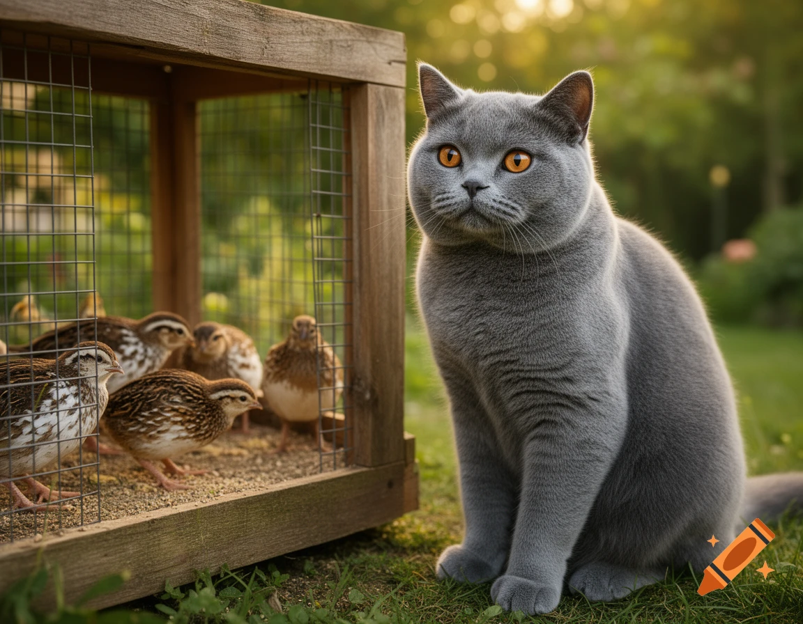A fluffy grey British Shorthair cat with orange eyes sits beside a wooden cage filled with small patterned quails in a sunny garden.