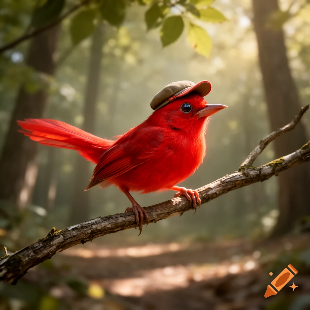 A vibrant red bird with a small cap perched on a branch in a sunlit forest, photorealistic style.