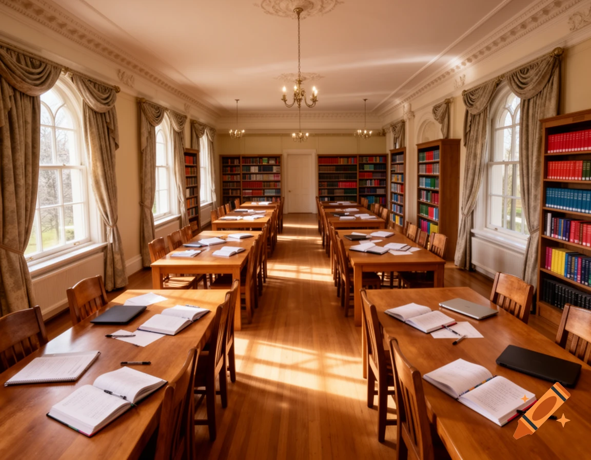A sunlit study hall with long wooden tables, chairs, and bookshelves filled with books, viewed from one end.