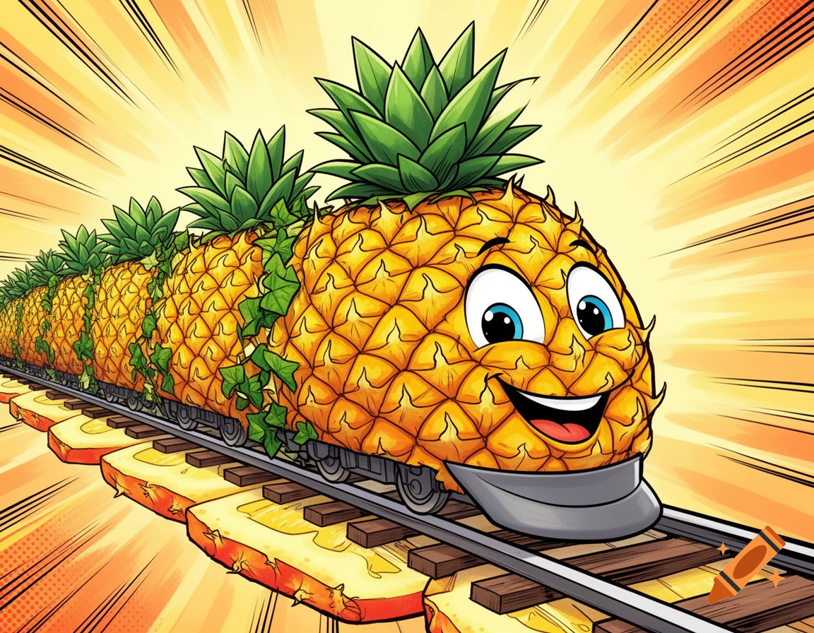 A cartoon pineapple train with big eyes and a wide smile speeds along tracks made of pineapple slices, in a vibrant comic style.