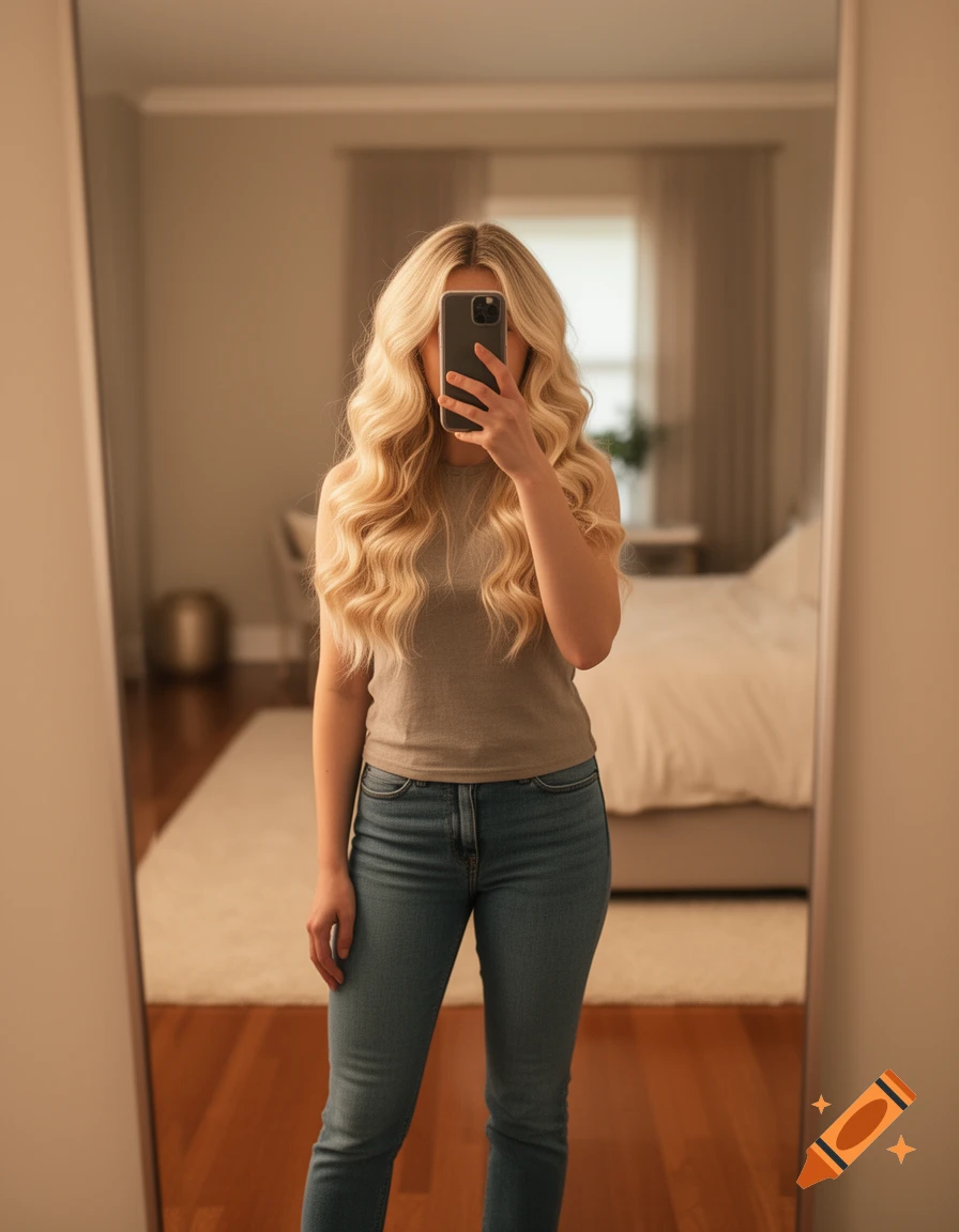 Young woman with blonde wavy hair, wearing a grey top and jeans, taking a mirror selfie in a bedroom.