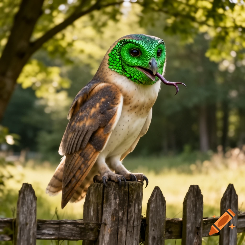 A barn owl with a green scaly reptilian head and a divided snake tongue perches on a weathered wooden fence post in a sunny, leafy outdoor setting.