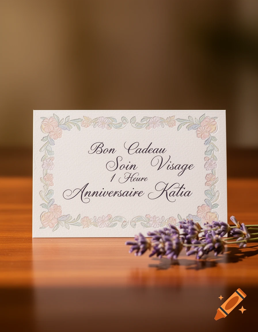 A gift card with the text "Bon Cadeau Soin Visage 1 Heure Anniversaire Katia" and a sprig of lavender on a wooden table.
