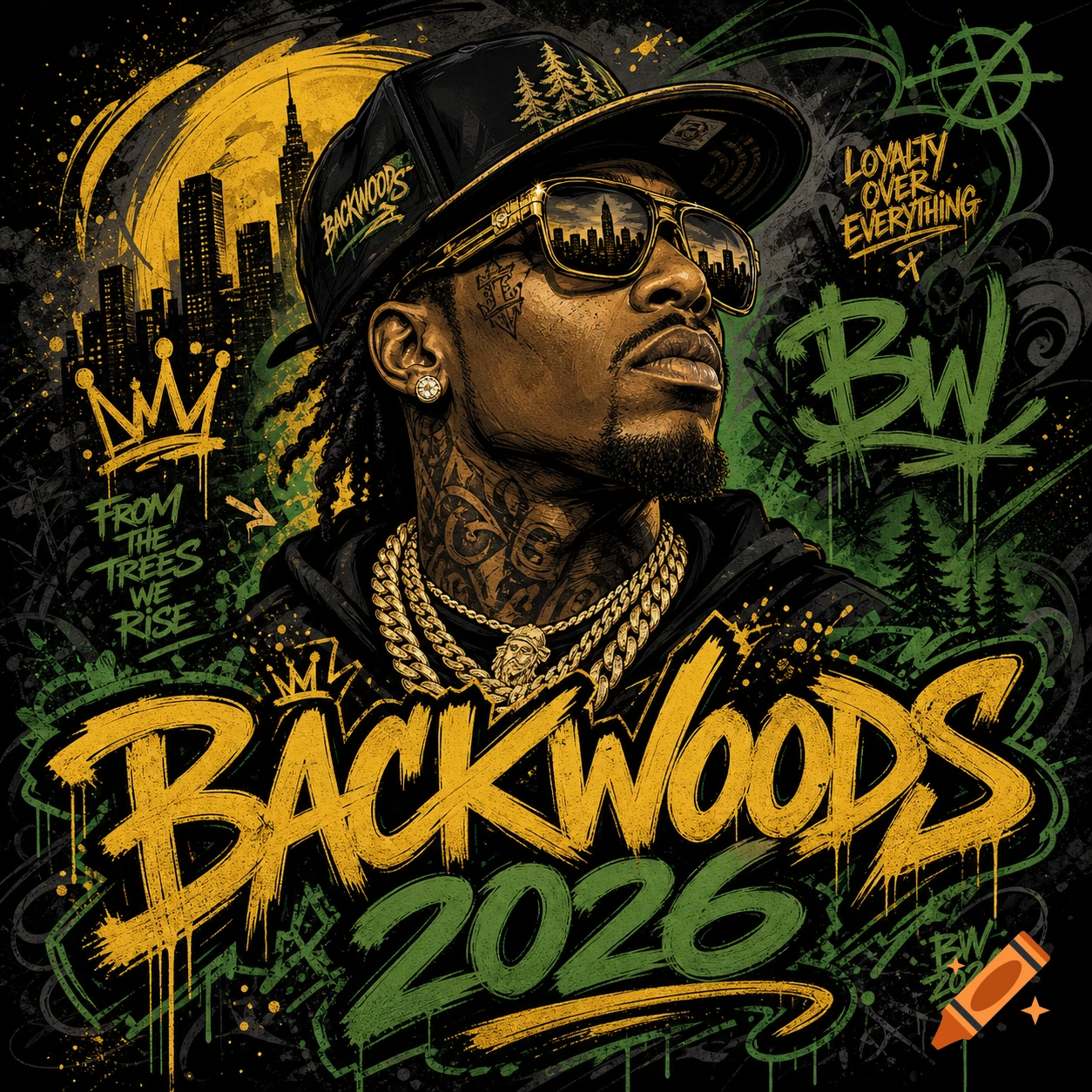 Stylized graphic illustration of a rapper in sunglasses and chains, with 'BACKWOODS 2026' and a city skyline.