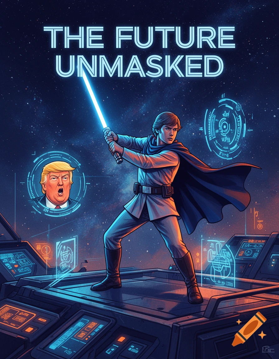 Sci-fi poster: Luke Skywalker-like figure with lightsaber, Donald Trump hologram, text 'THE FUTURE UNMASKED'.