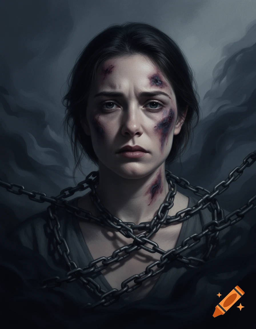 Digital painting of a somber woman with bruises and chains around her neck, against a dark, smoky background.