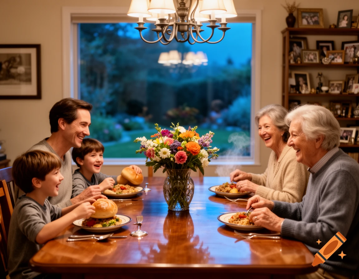 A multi-generational family happily shares a dinner meal around a polished wooden dining table with a floral centerpiece.