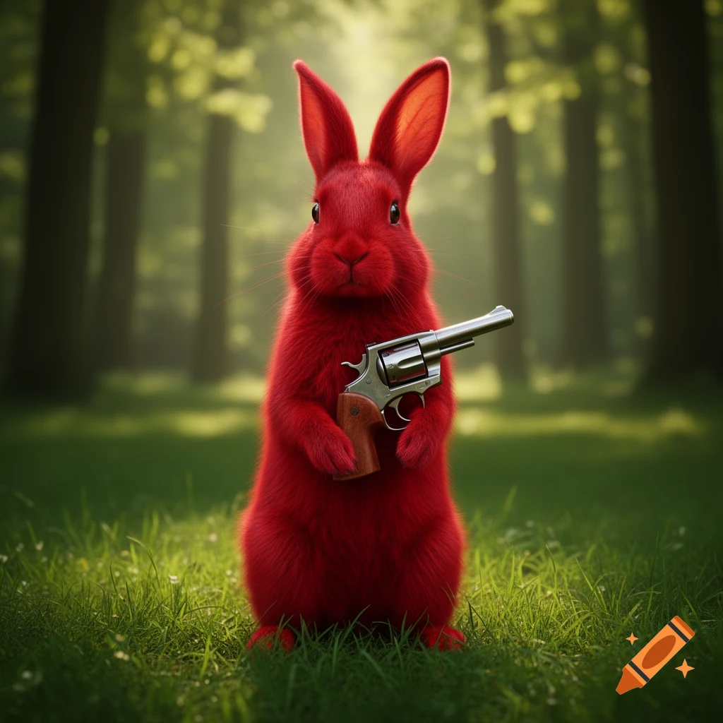 A vivid red rabbit stands in a green forest, holding a silver revolver gun. Photorealistic style.