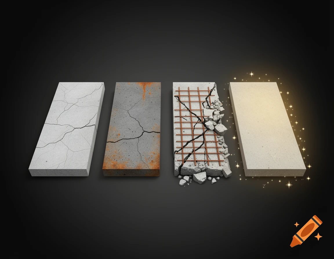 Four concrete slabs show progressive aging from cracked to rusty and broken with exposed rebar, ending with a perfect glowing slab.