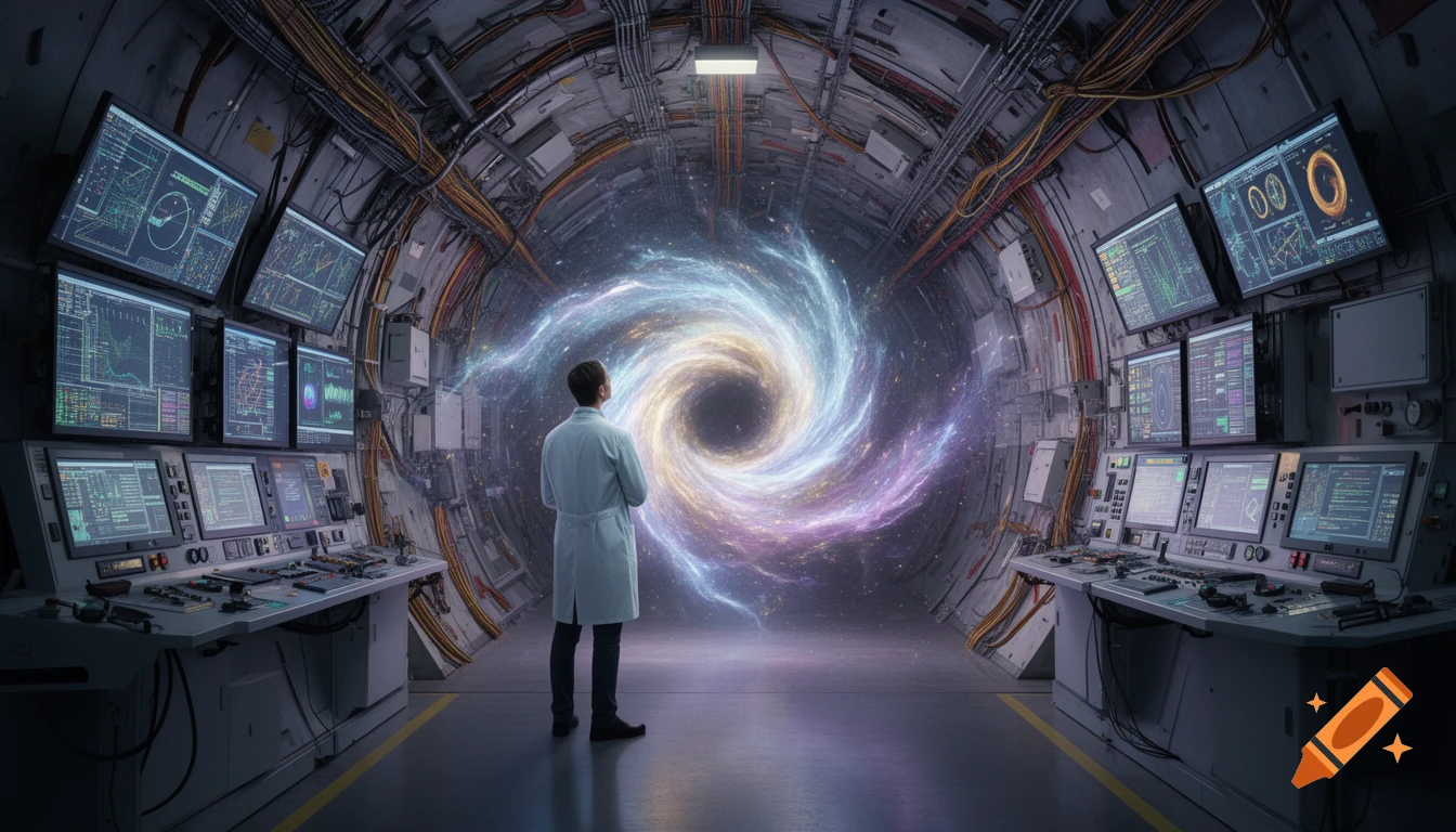 A scientist in a lab coat stands in a futuristic control room, gazing into a swirling, colorful wormhole.
