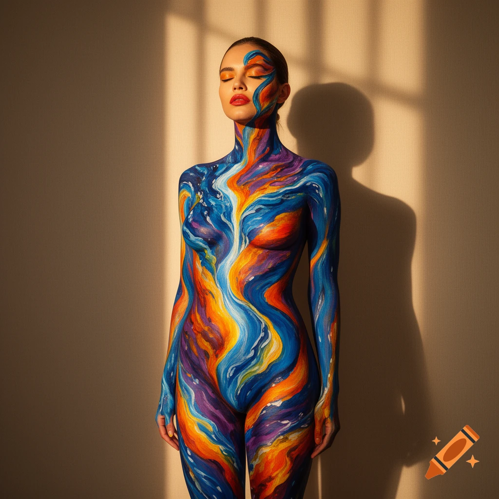 A woman stands with closed eyes, her body painted in vibrant, swirling blue, orange, yellow, and purple patterns, against a shadowed wall.