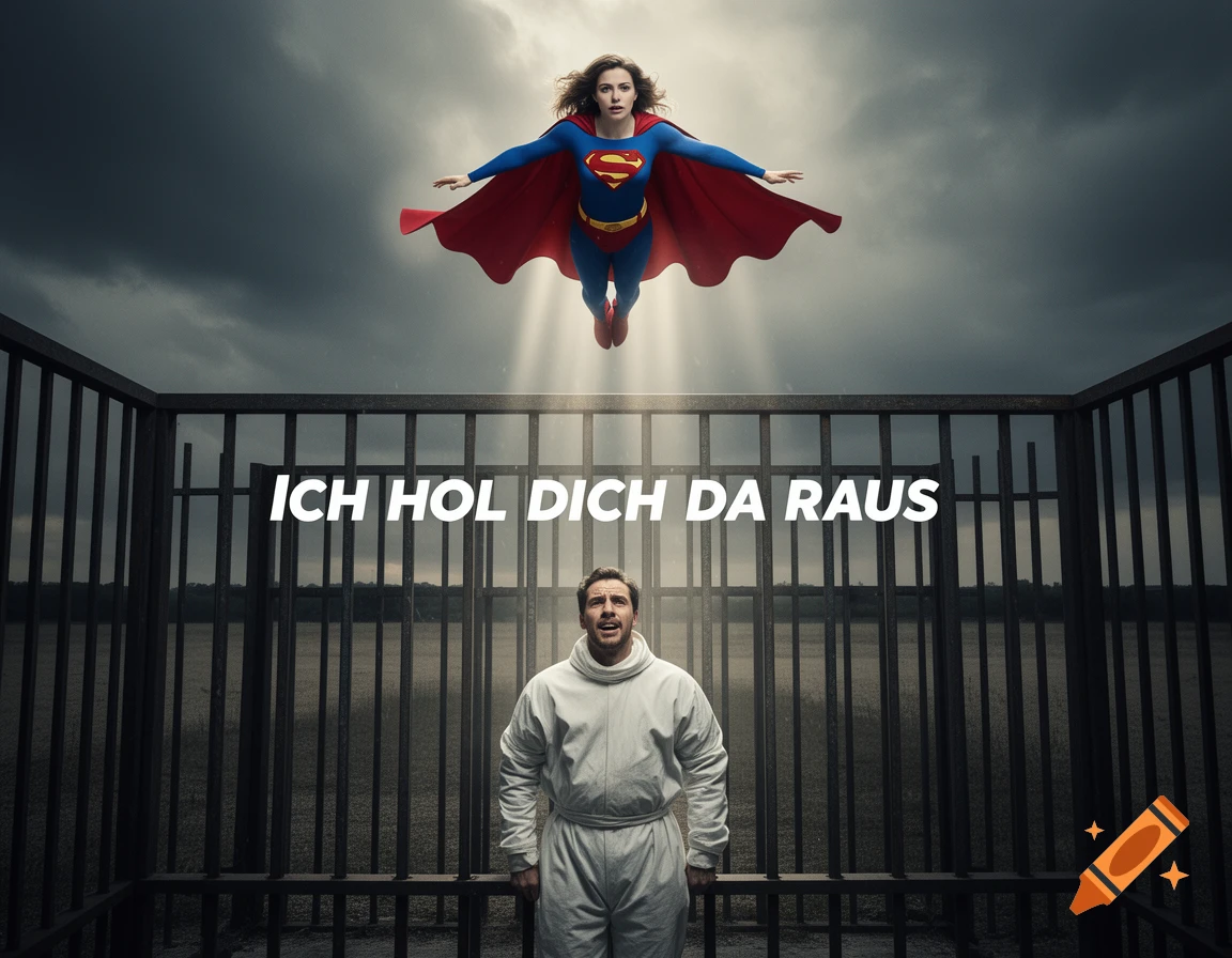 Supergirl flies above a man in a white jumpsuit behind prison bars under a stormy sky, with text 'ICH HOL DICH DA RAUS'.