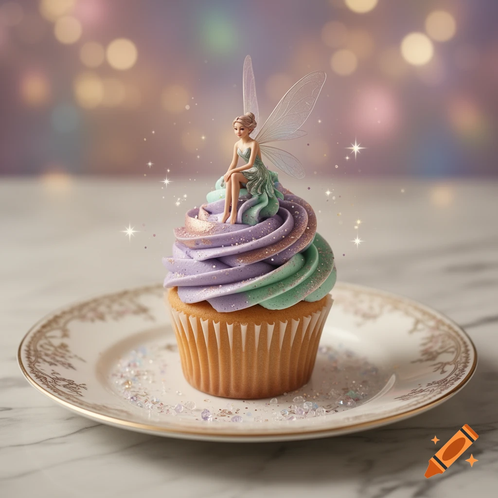 A cupcake topped with lavender and mint green frosting, edible glitter, and a small fairy figurine, on a decorative plate.