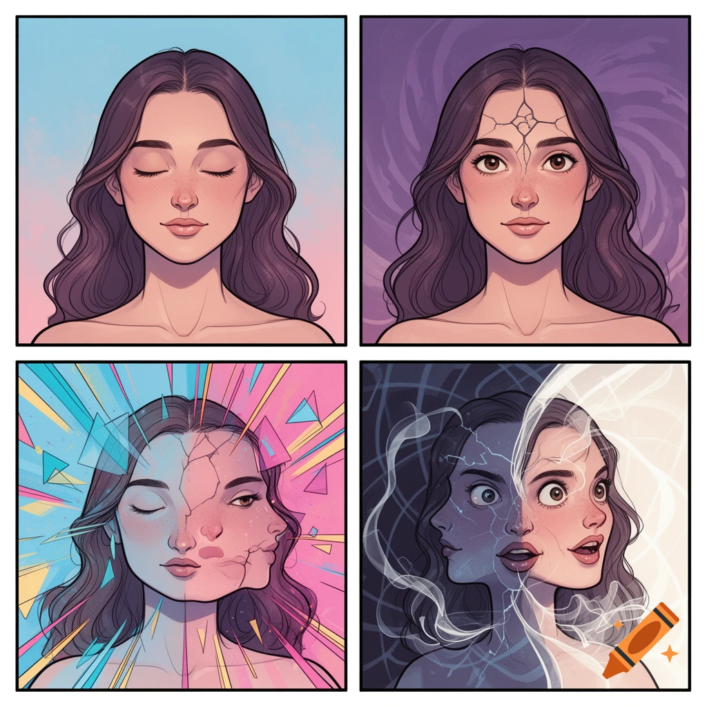 Four-panel comic art of a woman's head gradually splitting into multiple faces with changing expressions and abstract backdrops.