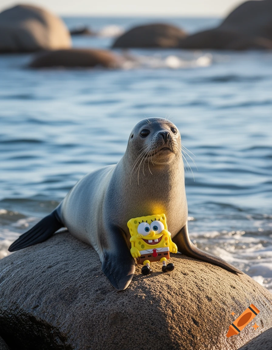 A photorealistic seal rests on a rock by the ocean, with a Spongebob Squarepants toy beside it.