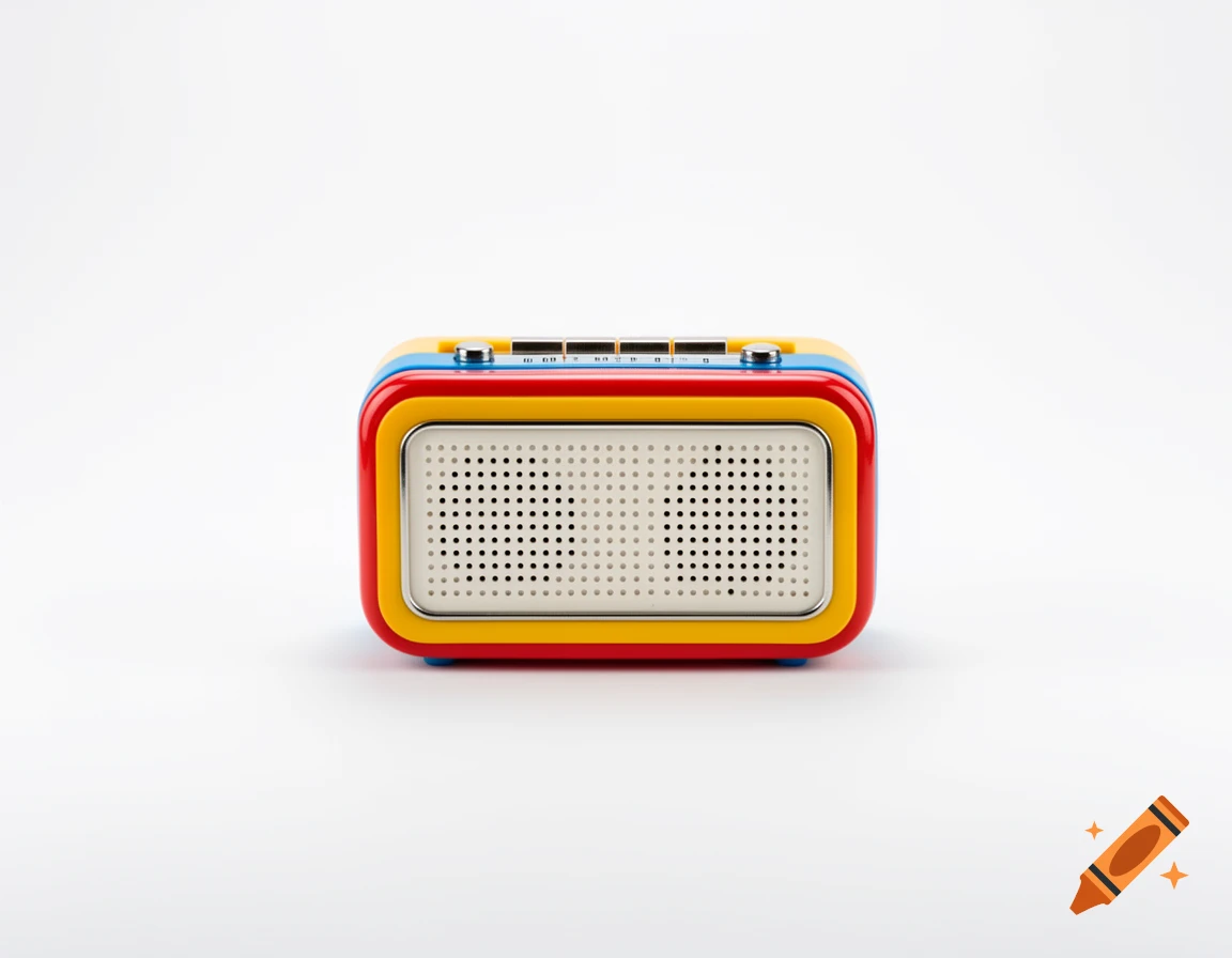 A colorful children's radio with red, yellow, and blue layers, featuring a speaker grille, on a white background.