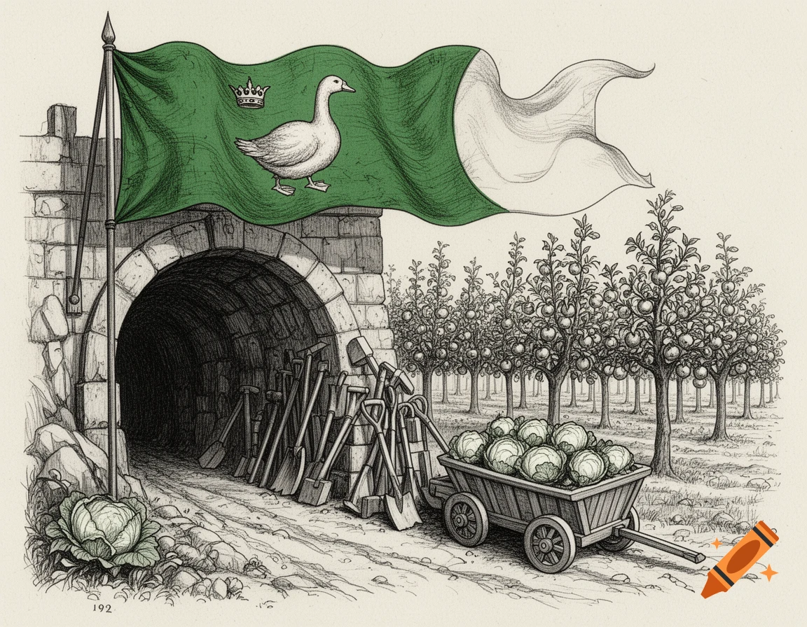 Medieval sketch: a crowned goose banner over a mine entrance, with tools, a cabbage cart, and an apple orchard.