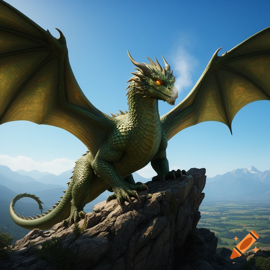 A detailed, photorealistic green dragon with large wings breathes smoke, perched on a rocky mountain peak overlooking a vast valley under a clear blue sky.