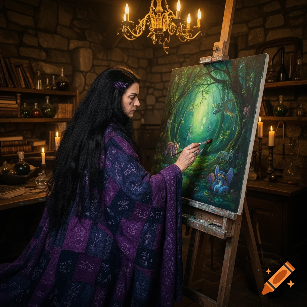 A witch with long black hair paints a vibrant fantasy forest scene on an easel in a dimly lit, stone-walled room with a golden chandelier.