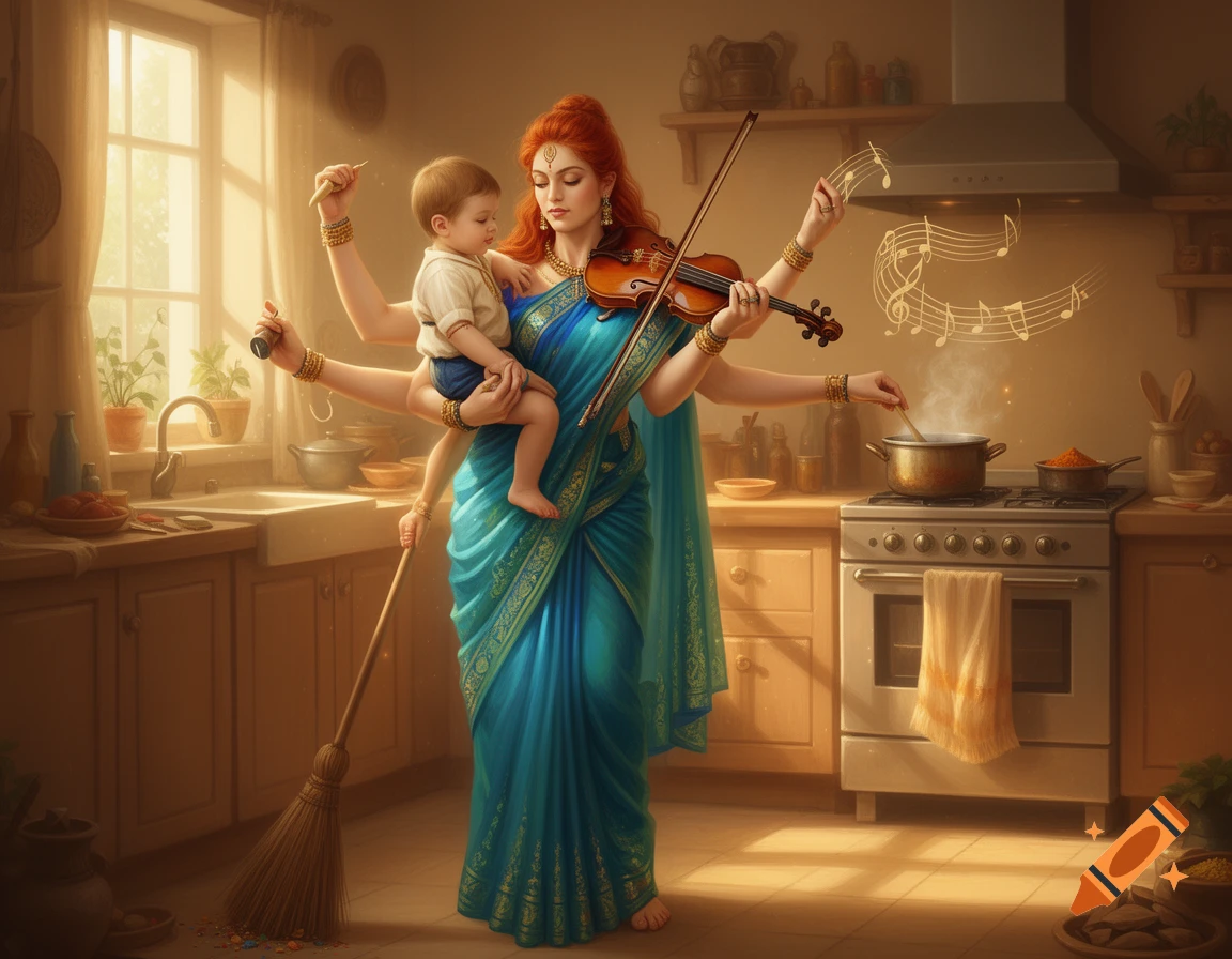 A red-haired woman with multiple arms, reminiscent of a goddess, holds a child while simultaneously playing a violin, sweeping, and cooking in a sunlit kitchen.