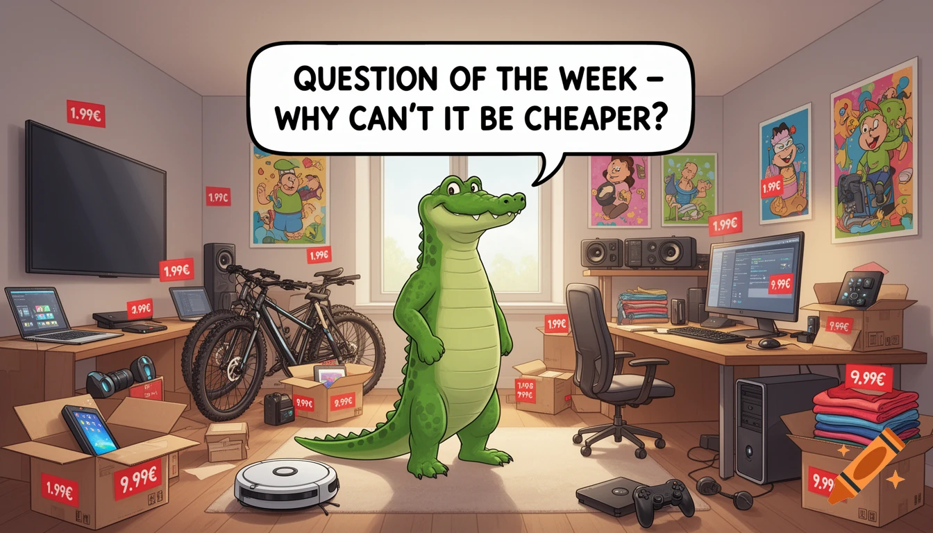 A cartoon crocodile in a room full of consumer products and boxes, with a speech bubble asking 'Why can't it be cheaper?'.