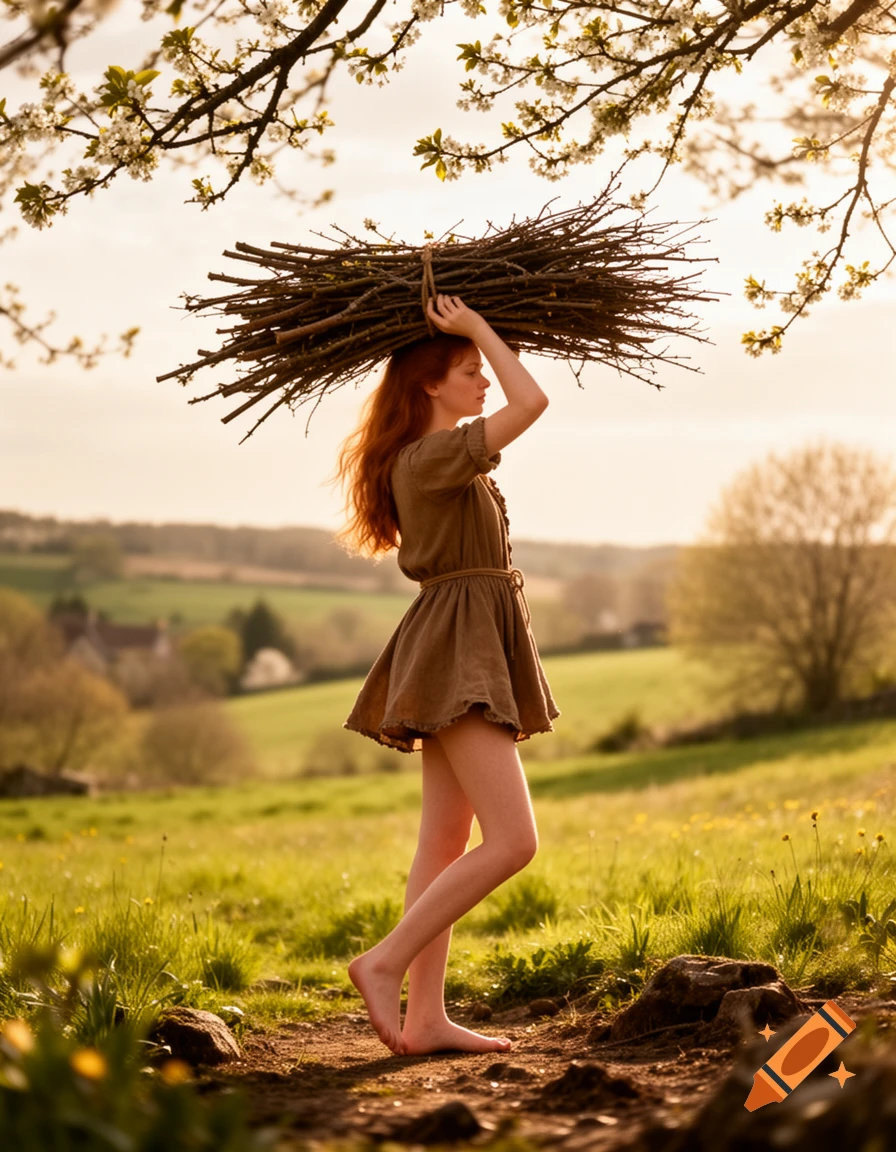 A young redhead woman carries a bundle of brushwood on her head, barefoot on a dirt path in a sunny, green field under a blossoming tree.