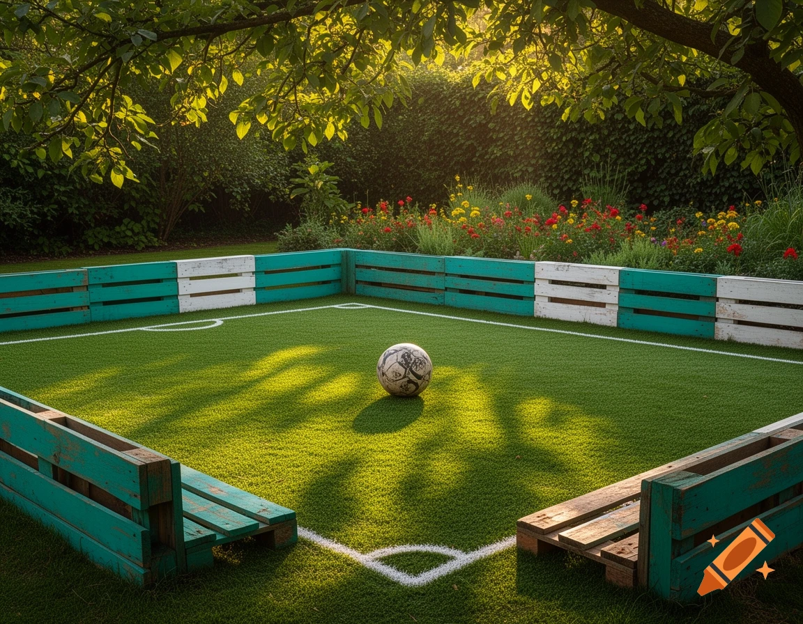 A small artificial turf soccer field with wooden pallet borders in a sunny garden with trees and flowers.