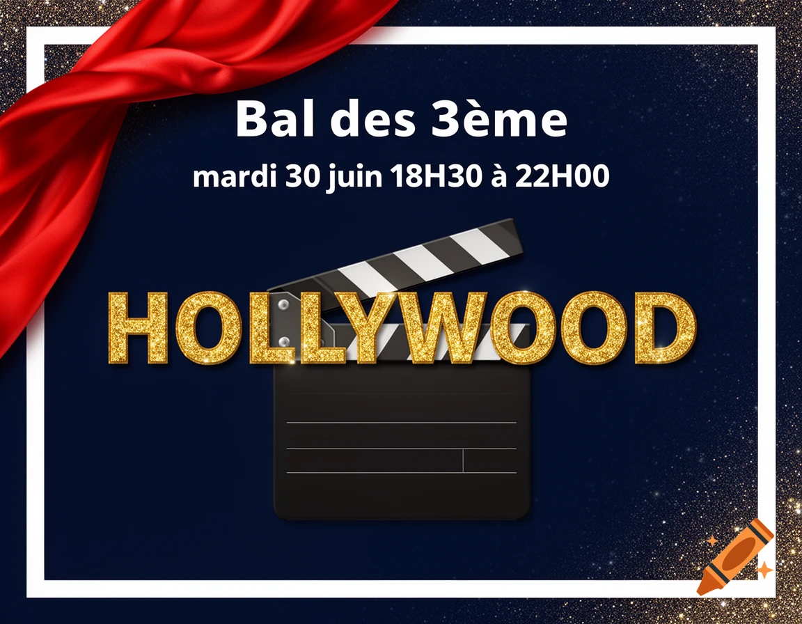 Hollywood-themed event poster with a red ribbon, movie clapperboard, and glittery 'HOLLYWOOD' text on a dark blue background.