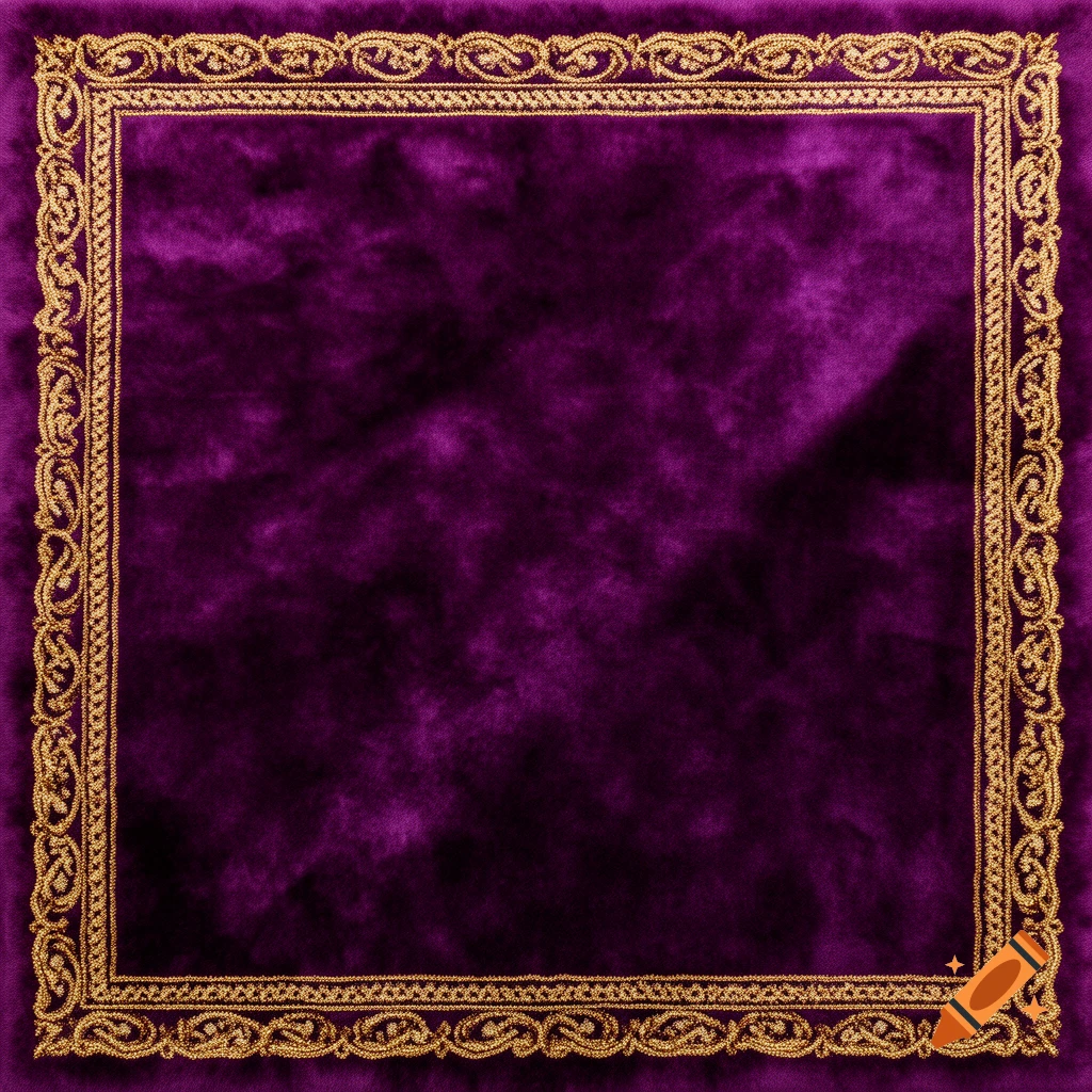 A deep violet velvet rug texture with an ornate gold embroidered trim forming a square border.