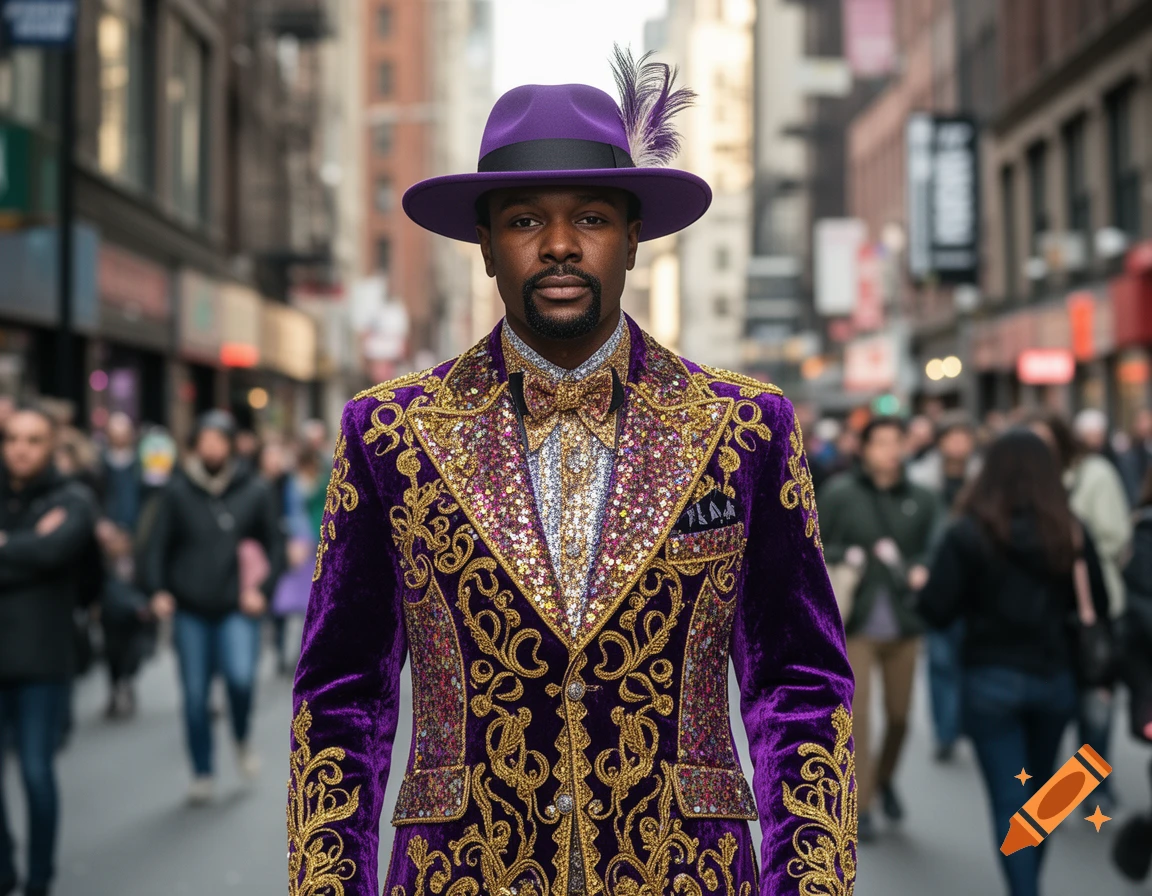 A photorealistic portrait of a Black man in a vibrant purple and gold ...