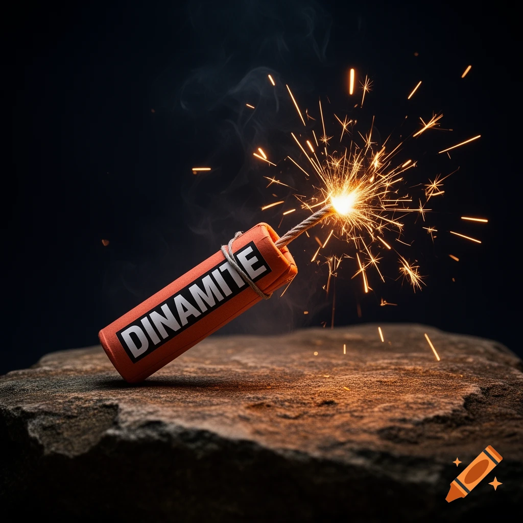 A photorealistic image of a lit stick of dynamite sparking, resting on a rough rock surface against a dark background.