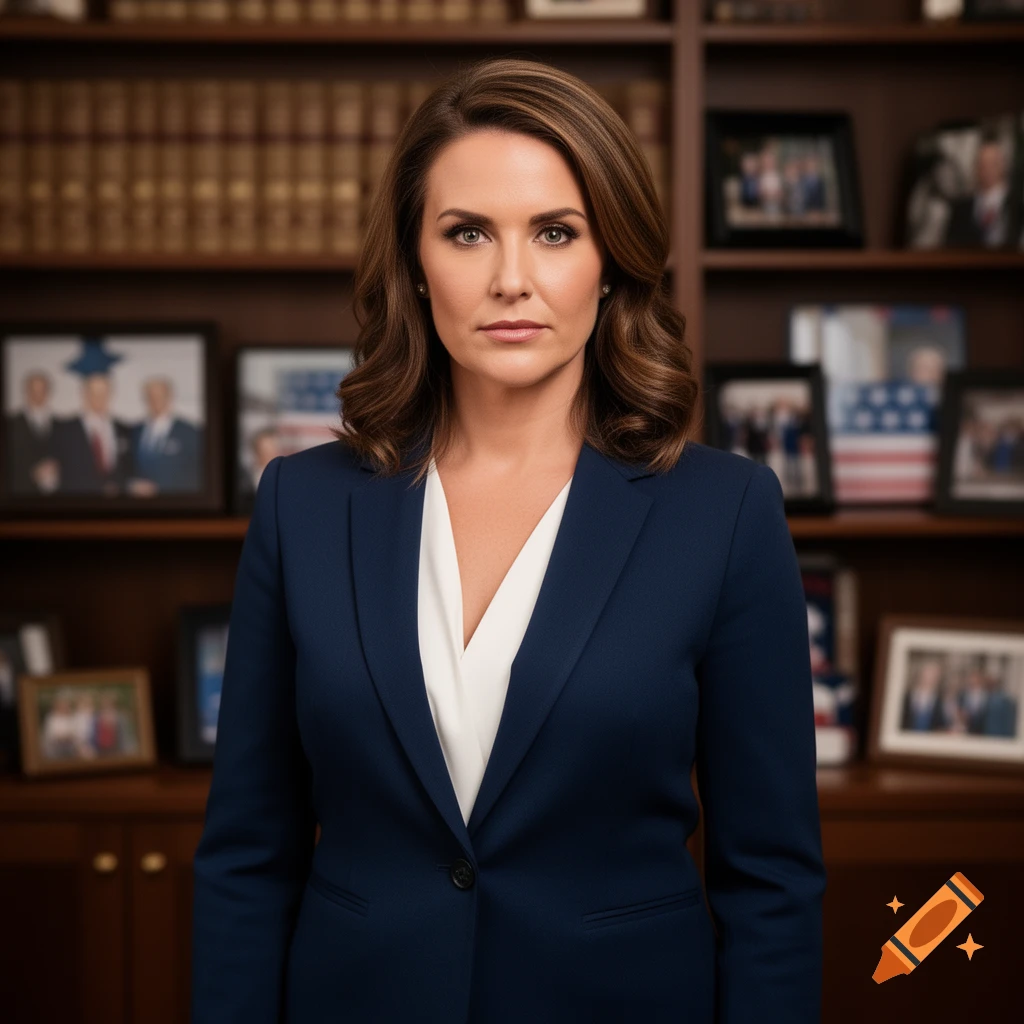 Photorealistic portrait of a professional woman in a navy blue suit, standing in front of a blurred bookshelf.