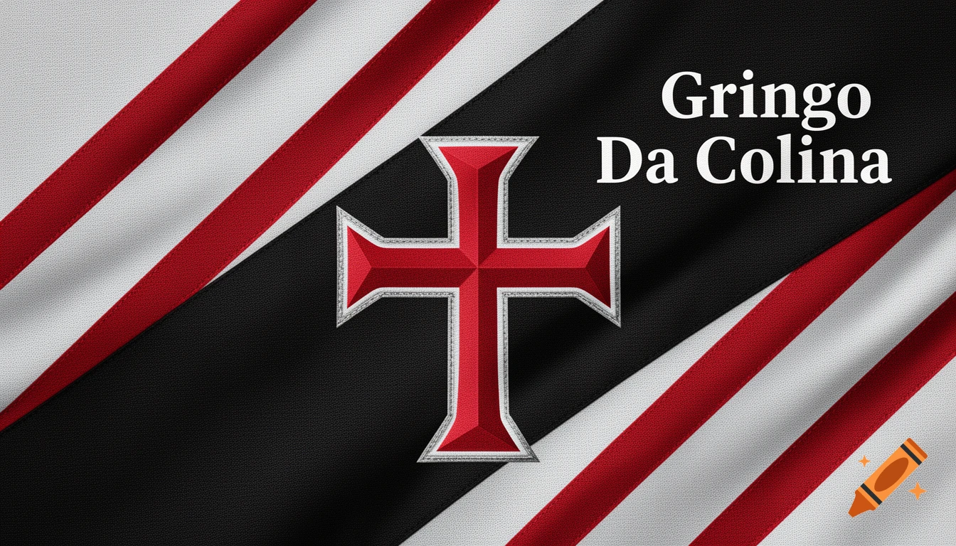 A flag-like design with a red cross emblem against a background of black, white, and red diagonal stripes, with the text "Gringo Da Colina".