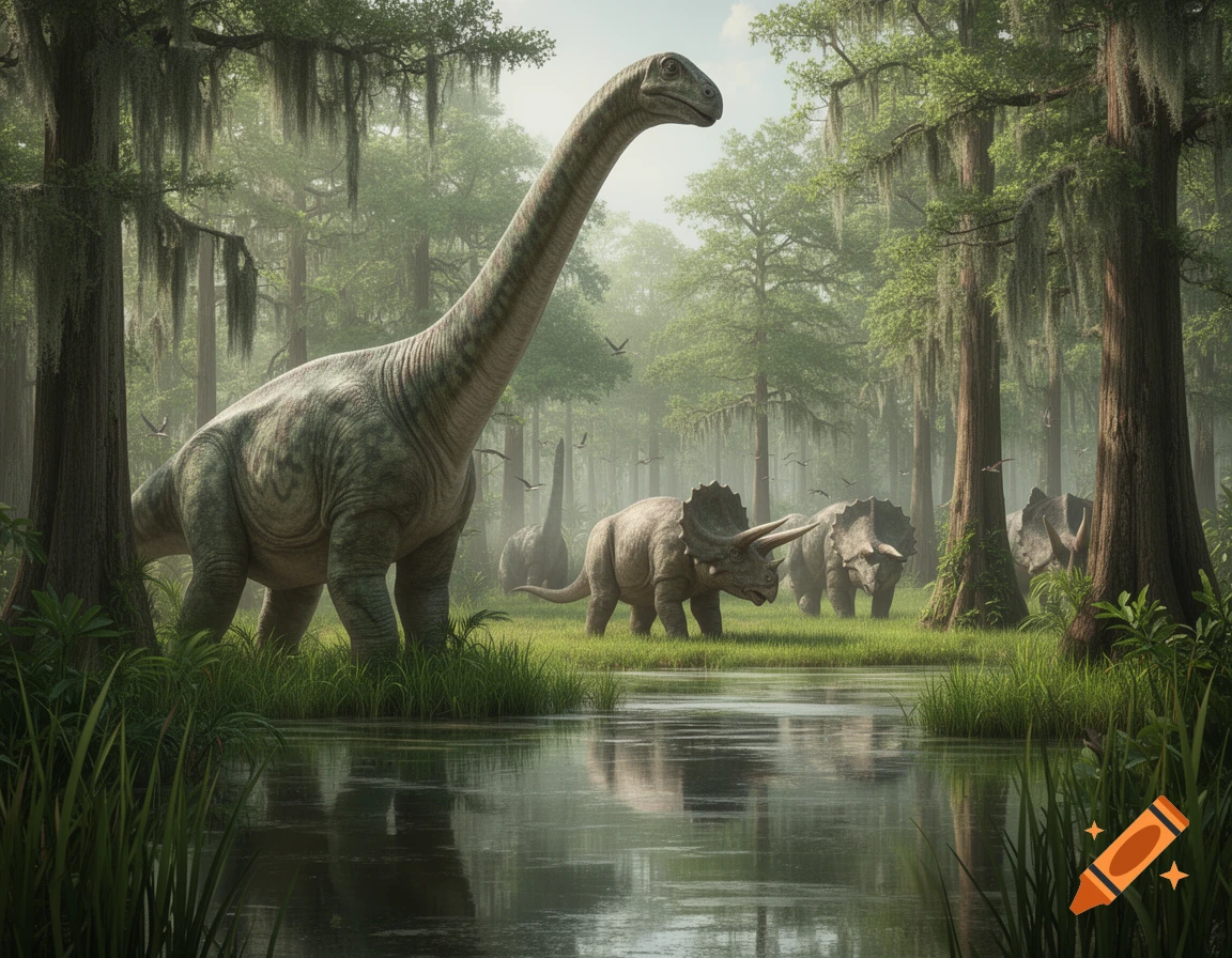 A large Brachiosaurus stands by a reflective pool in a misty, lush swamp forest with several Triceratops in the background.
