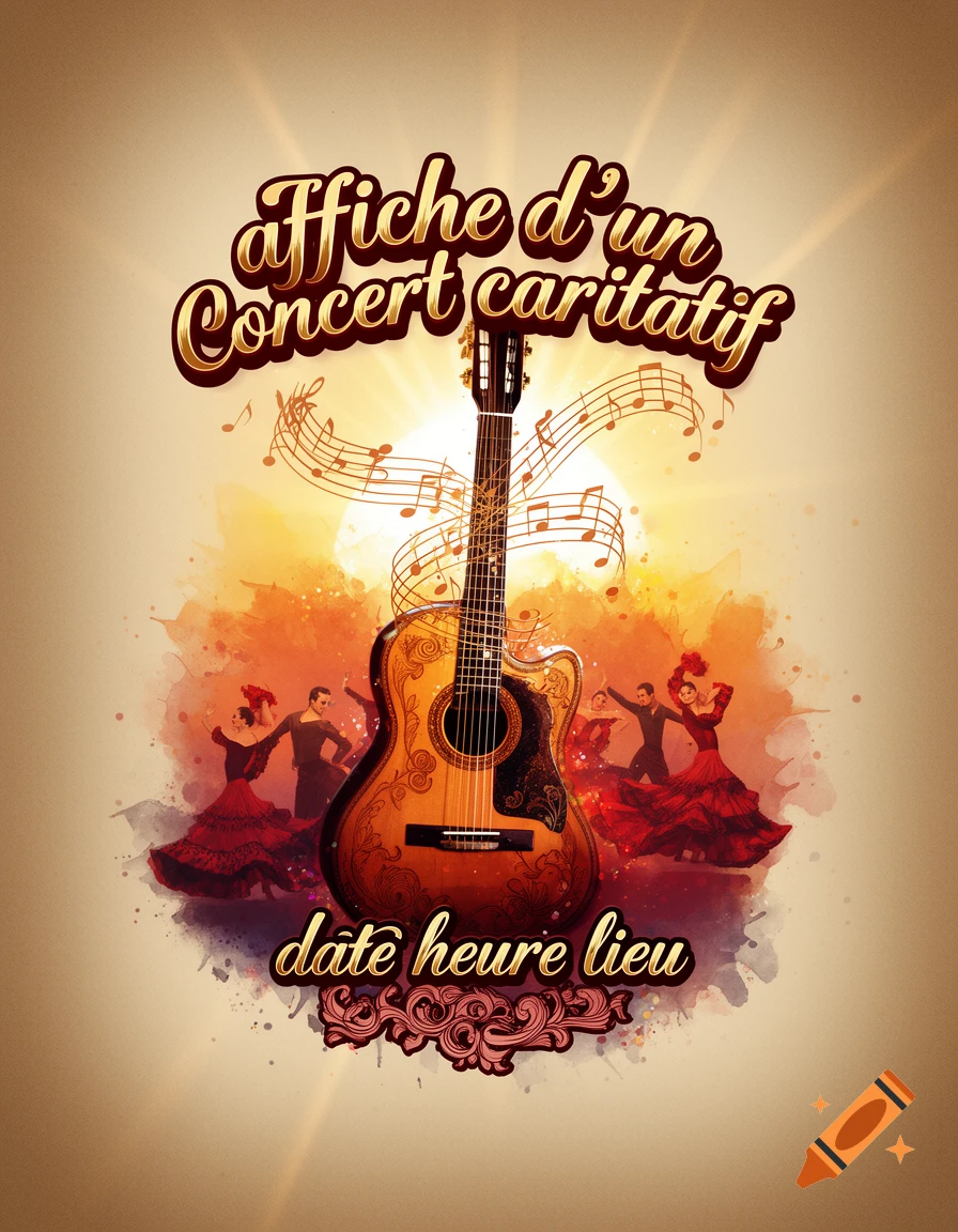 A concert poster featuring a decorated guitar surrounded by musical notes and stylized flamenco dancers, with French text.
