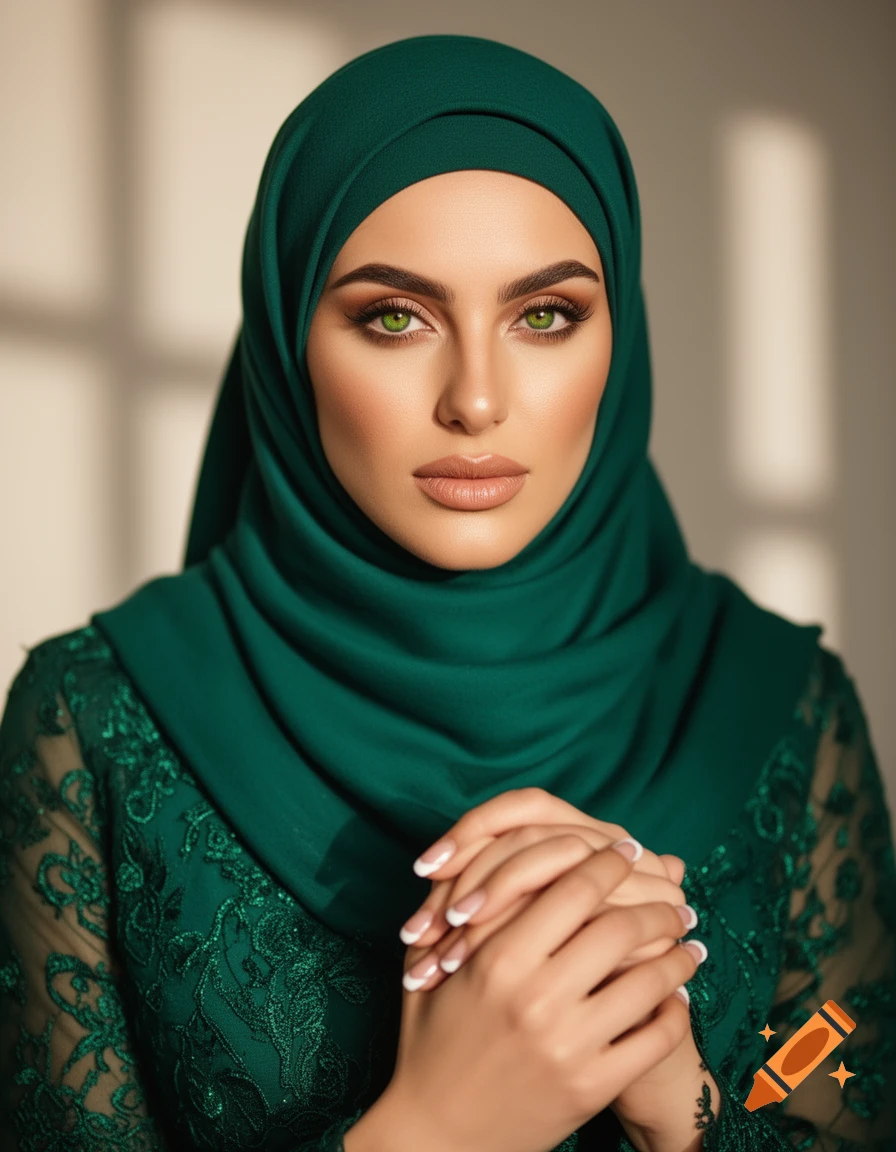 High-fashion studio portrait of a woman with green eyes, wearing a green hijab and an embroidered dress, with hands clasped.