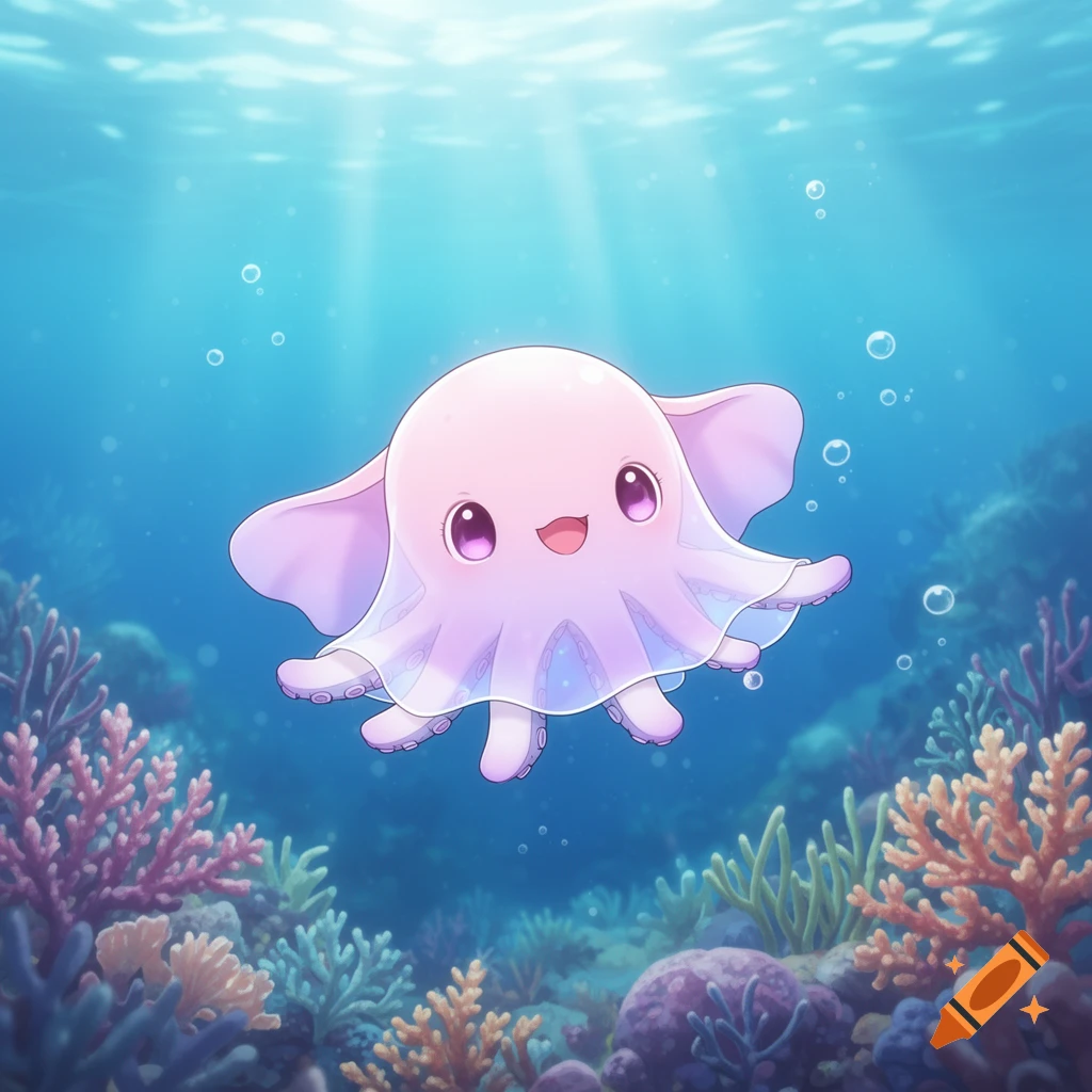 A cute, pink and purple Dumbo octopus swims happily in a vibrant underwater coral reef, with light rays filtering from above in a cartoon style.