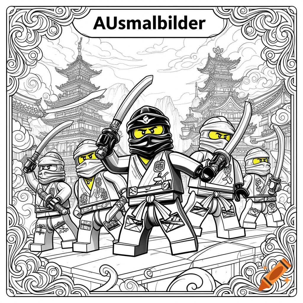 Black and white coloring page of five Lego Ninjago ninjas with swords, standing in front of Japanese temples.