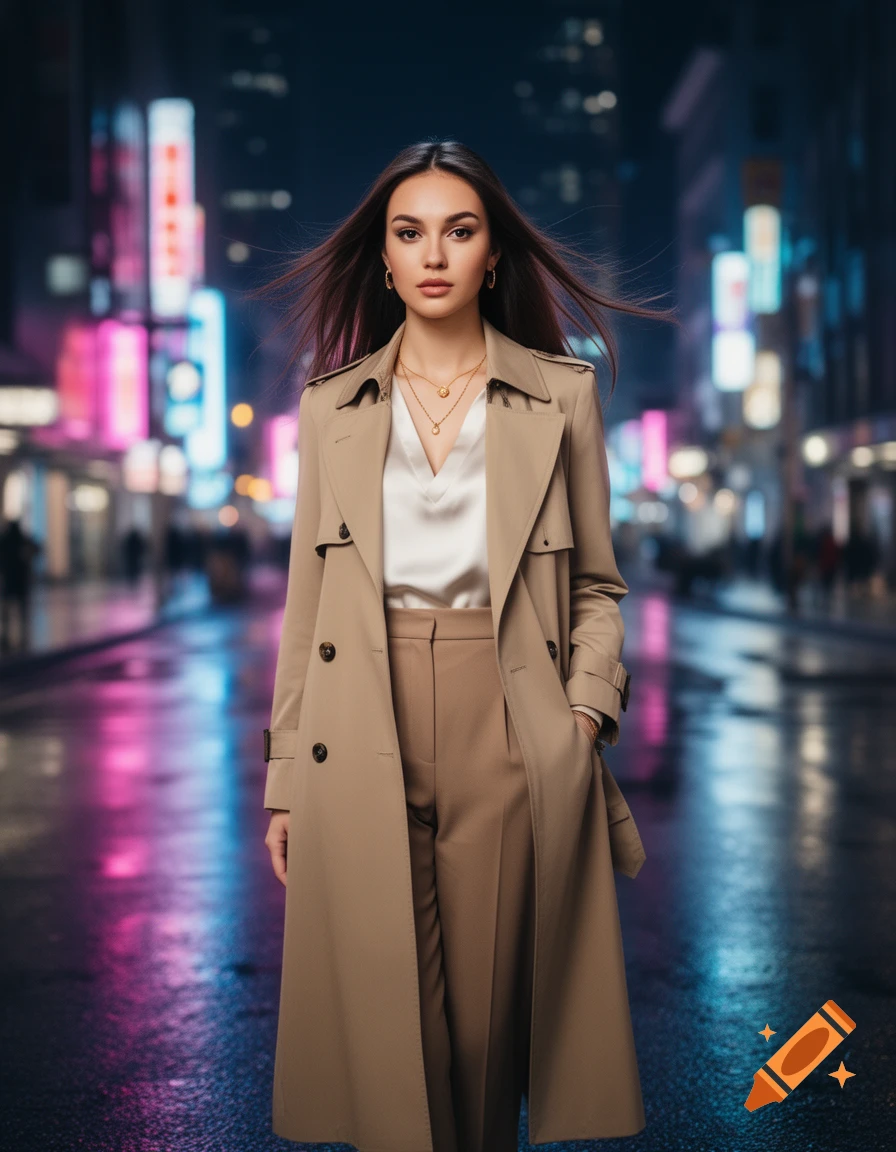 A stylish woman in a beige trench coat stands on a wet city street at ...
